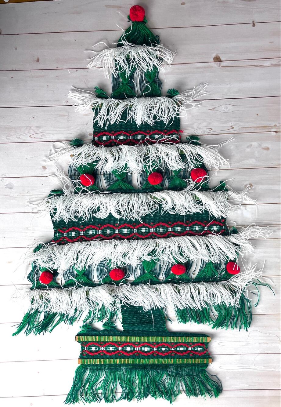 Vintage 1970s Textile Fiber Christmas Tree Wall Hanging Fringe Tinsel Pom Poms